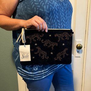 NEW Velvet Cheetah Pouch - Dark Navy - Embroidered Cheetahs Stars